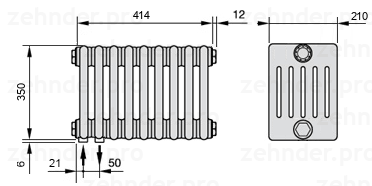 Схема (чертеж) Радиатор Zehnder Charleston 6035/9 №3370 Белый глянцевый RAL 9016